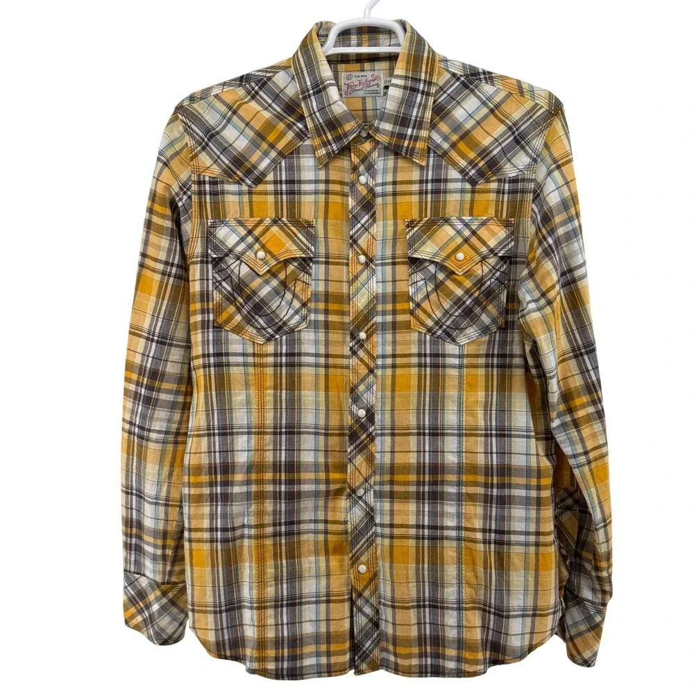 True Religion Mens‎ Rocky Plaid Western Pearl Snap Shirt Yellow Brown XXL Cotton